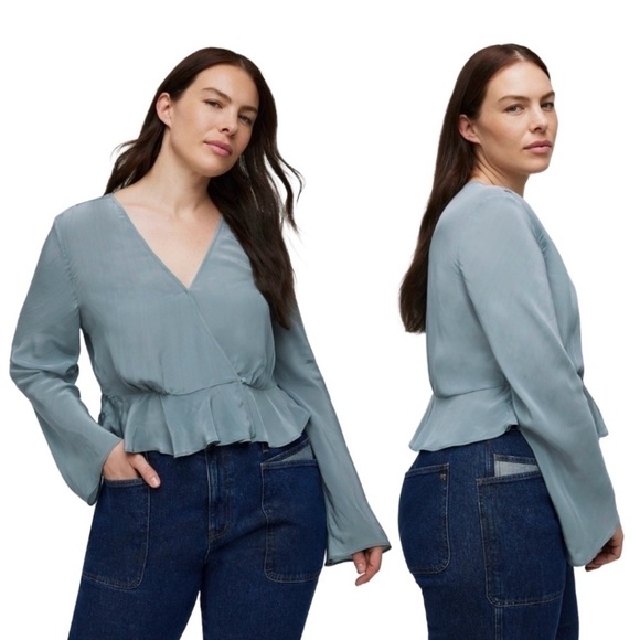 Madewell Tops - Madewell Satin Peplum Wrap Top in Dusty Blue size 10